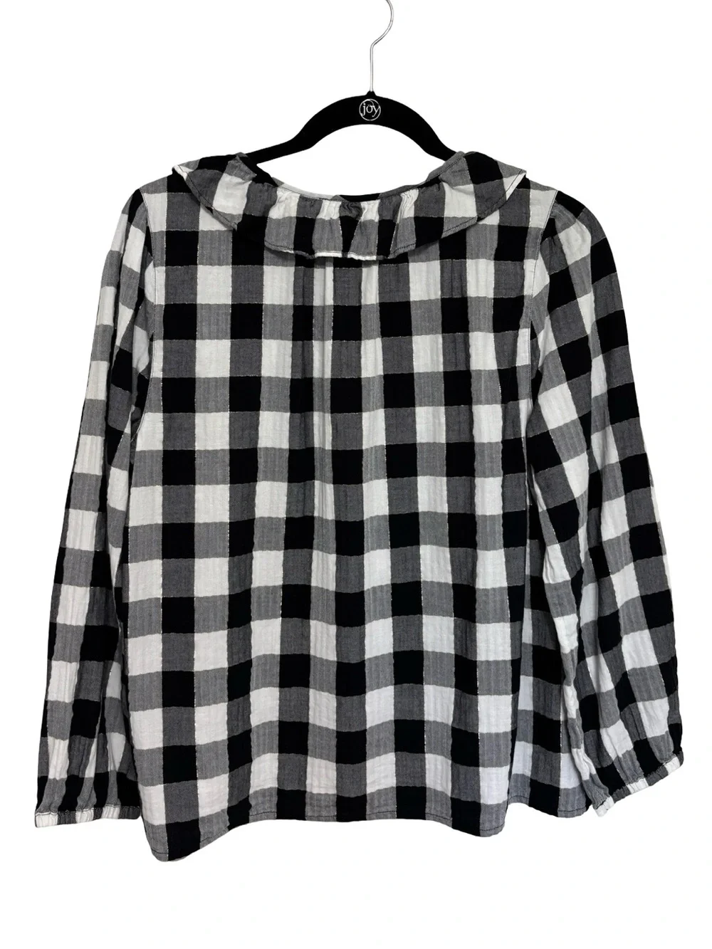 J. Crew Open V Neck Ruffle Blouse in Black and White Plaid - Size M
